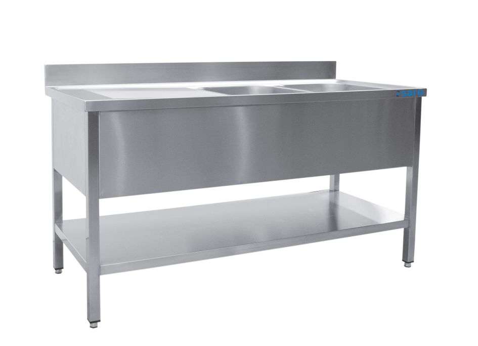 SARO RVS spoeltafel met 2 bakken, rechts - 600 mm diep, 1200 mm