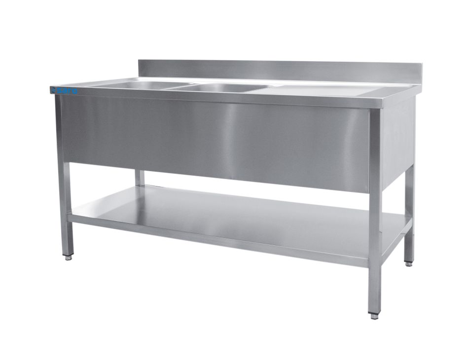 SARO RVS spoeltafel met 2 bakken, links - 700 mm diep, 1400 mm
