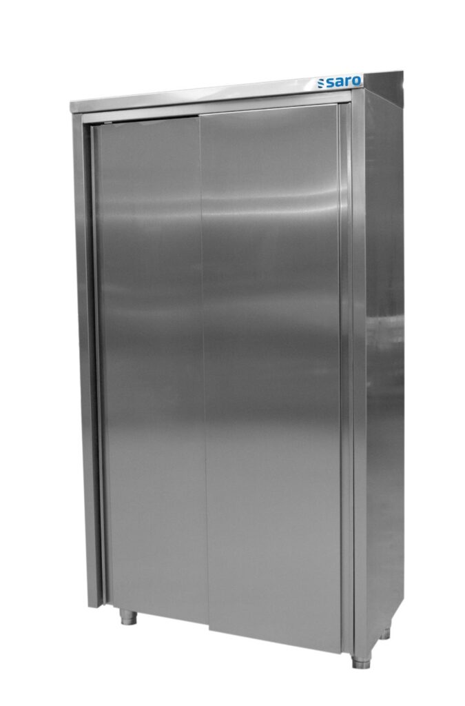 SARO RVS hoge kast met 3 schappen en 2 schuifdeuren, 1000 mm